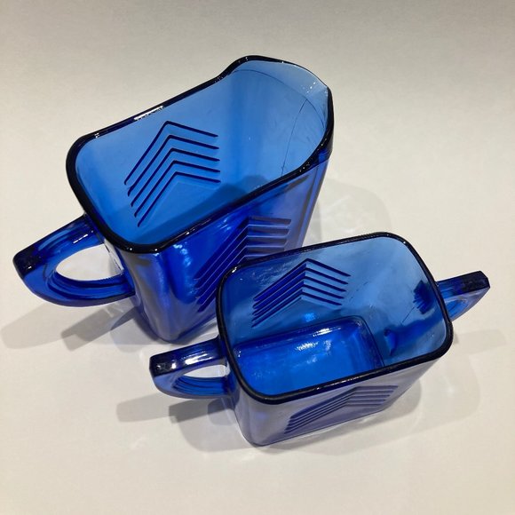 VINTAGE COBALT BLUE GLASS SUGAR AND CREAMER - Picture 2 of 15